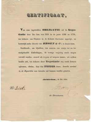 Certificaat uit 1844 m.b.t. Olanters in de Kolonie Suriname, door Broer & Co., Amsterda, 1844
