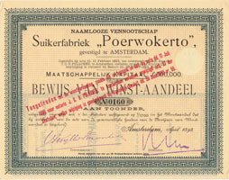 Suikerfabriek "Poerwokerto", winstbewijs uit 1892