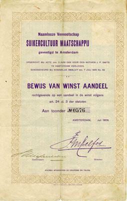 winstaandeel van de Suikercultuur Maatschappij uit 1909