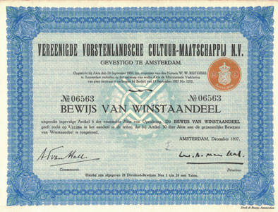 Bewijs van winstaandeel der Vereenigde Vorstenlandsche Cultuur-Maatschappij, Amstredam, 1937
