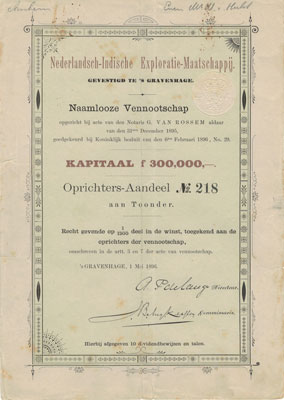 oprichtersaandeel in de Nederlandsch-Indische Exploratie Maatschappij, 1896