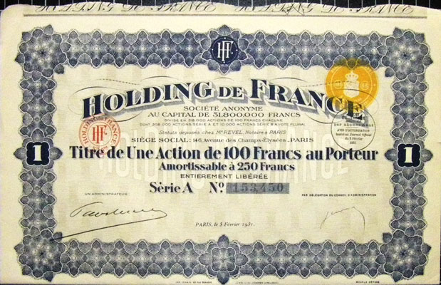 Holding de France, een schandaal-aandeel uit Parijs ca. 1930