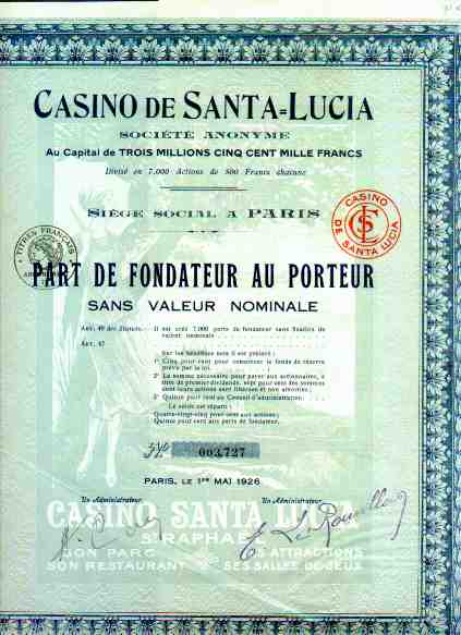 Casino de Santa-Lucia, part de fondateur, 1926