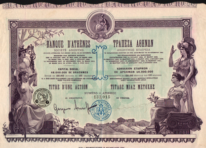 Banque d'Atènes, share certificate, engraved by Henri Brauer