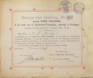 Harddraverij-Vereeniging te Groningen: stortingsbewijs uit 1887