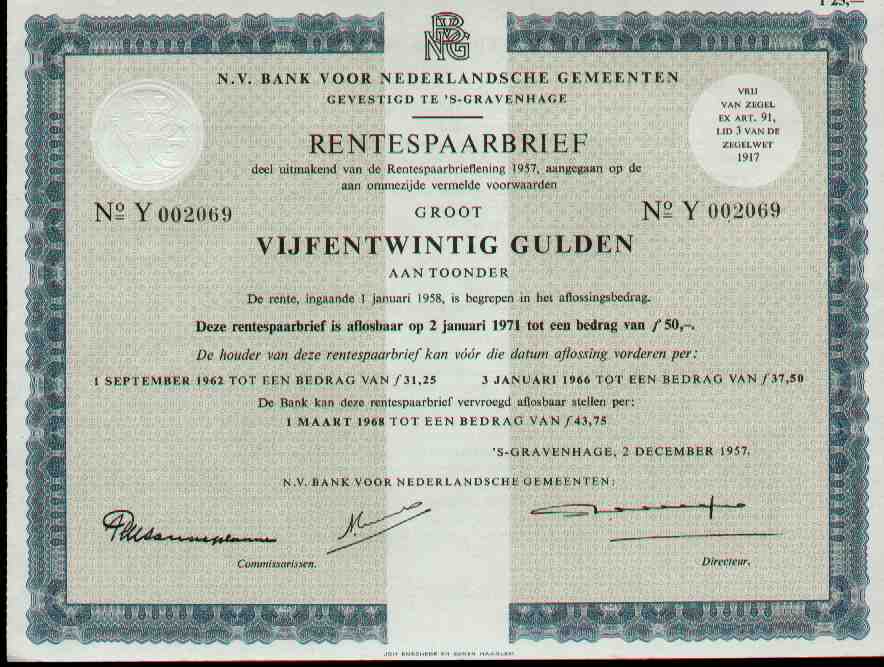 Bank voor Nederlandse Gemeenten: rentespaarbrief uit 1957
