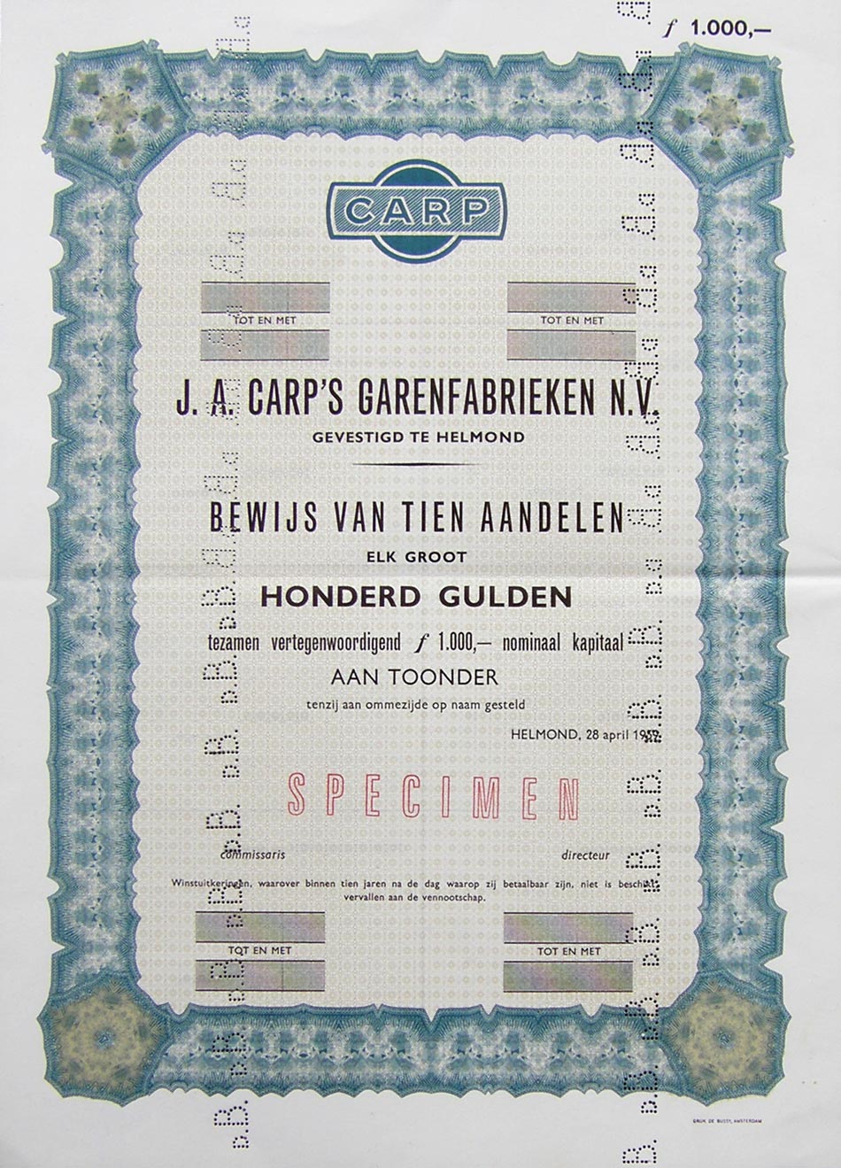 carp's Garenfabrieken- aandeel uit 1959