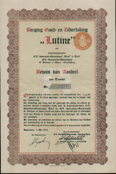 Berging goud- en zilverlading Lutine, aandeel uit 1933