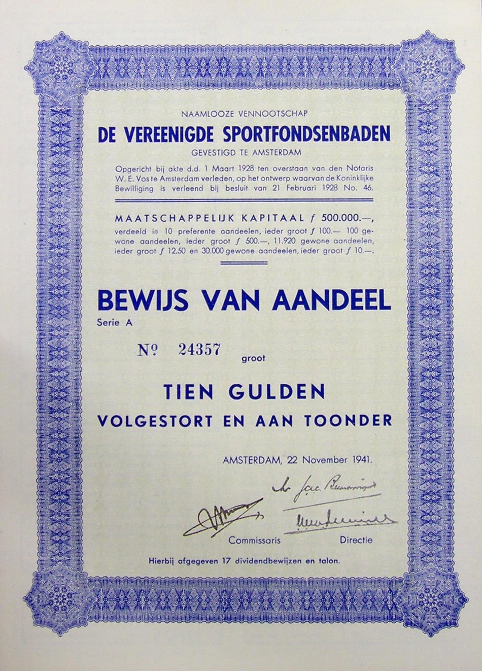 De Vereenigde Sportfondsenbaden, Bewijs van aandeel, 1941