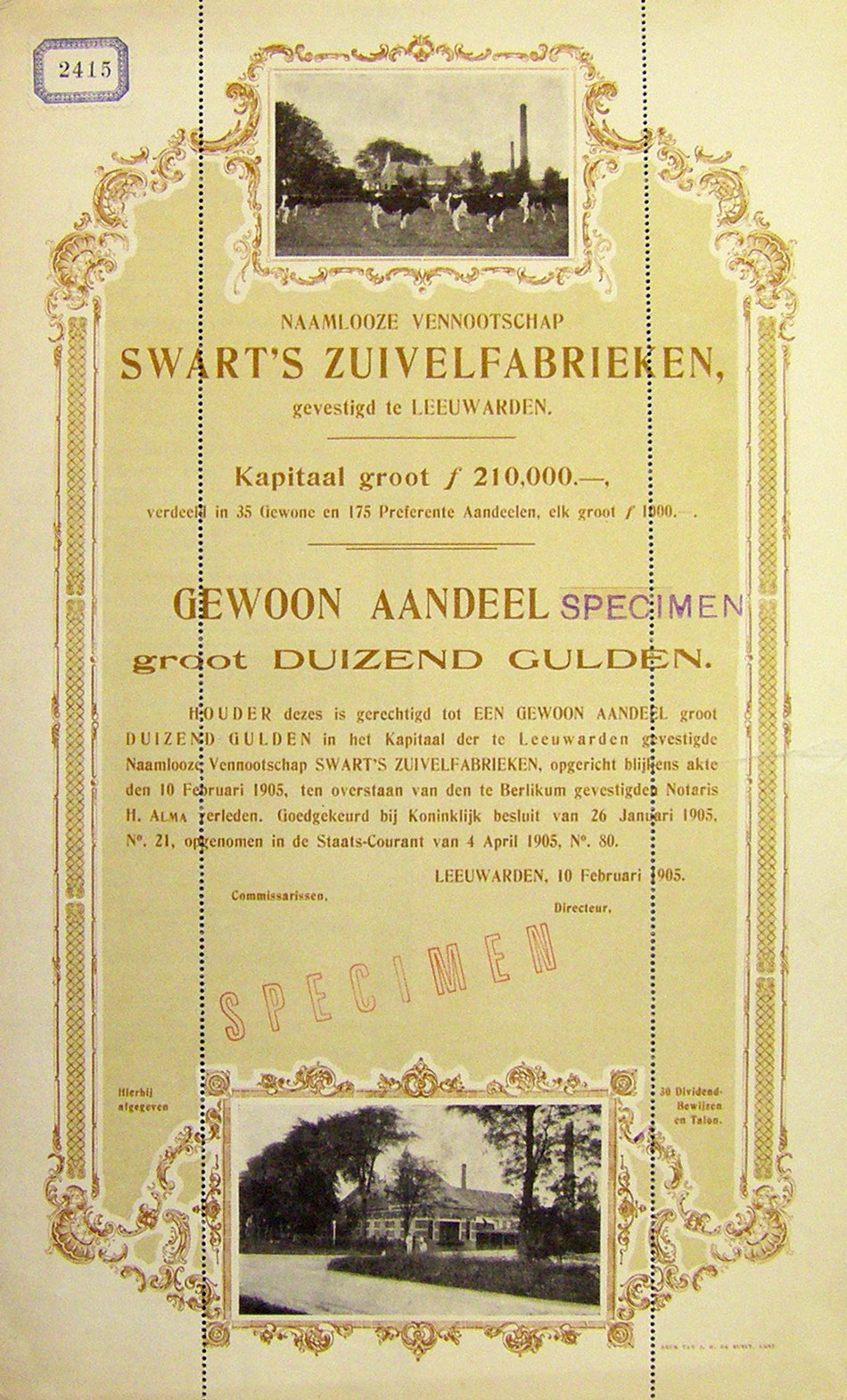 Specimen-aandeel van Swart's zuivelfabrieken te Leeuwarden