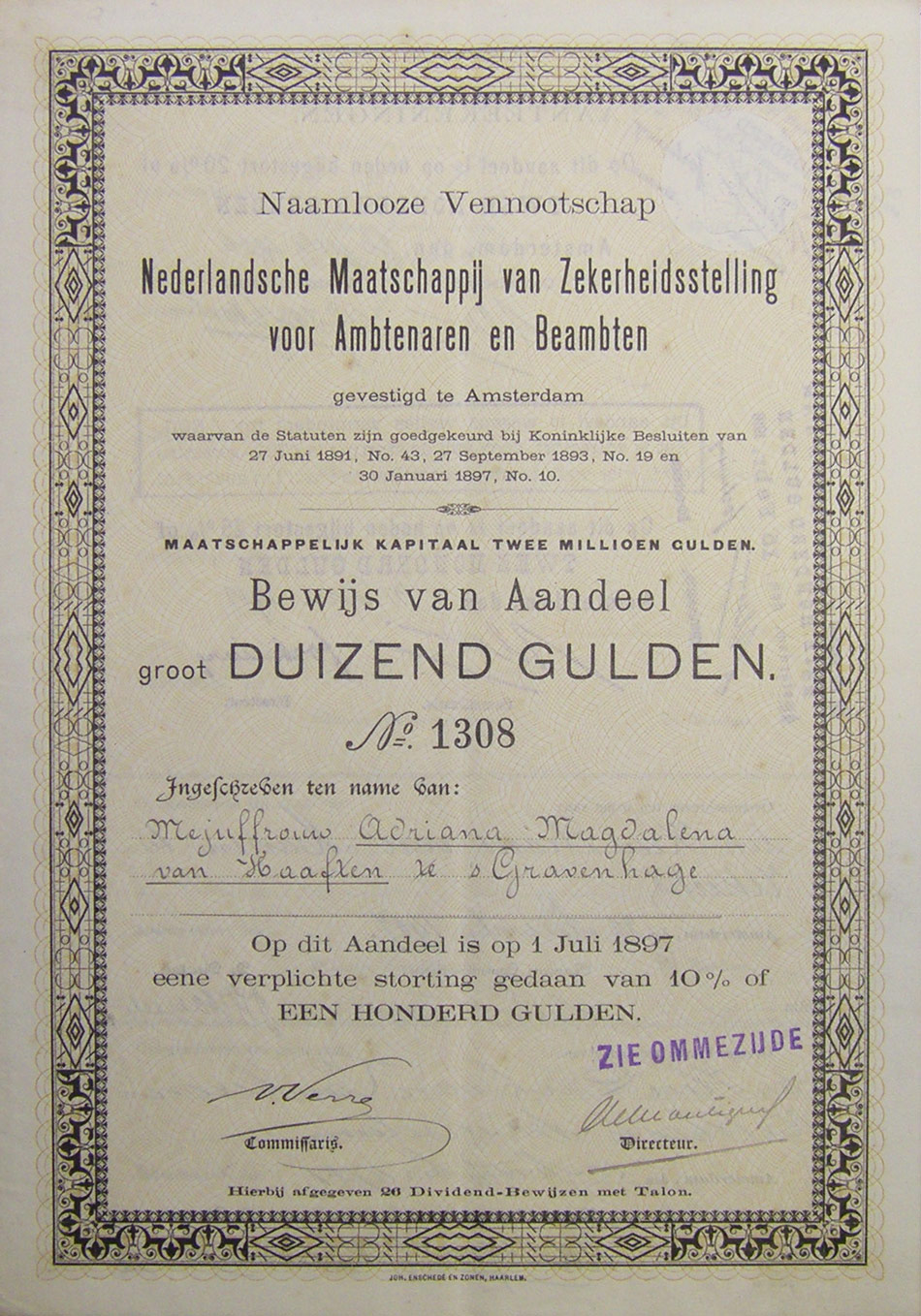 Nederlandsche Maatschappij van Zekerheidsstelling voor ambtenaren en beambten, aandeel 1897