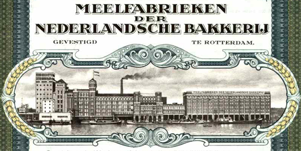 Meelfabrieken der Nederlansche Bakkerij-aandeel met gravure der fabrieken