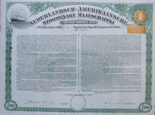 Nederlandsch Amerikaansche Stoomvaart Maatschappij - Holland Amerika lijn, obligatie f 500 uit 1922