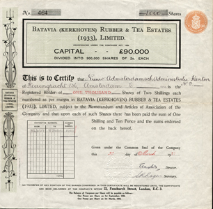 Batavia (Kerkhoven) Rubber & Tea Estates (1933) Limited, share certificate