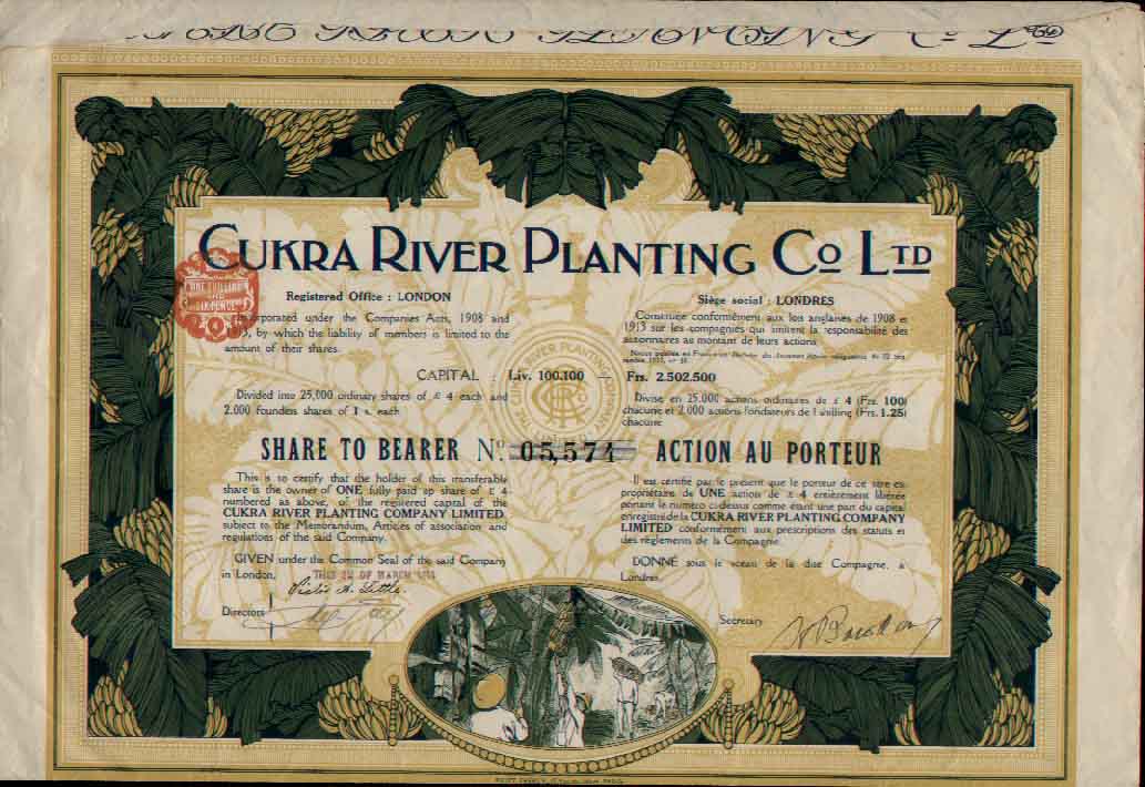 cukra River Planting Co. share certificate