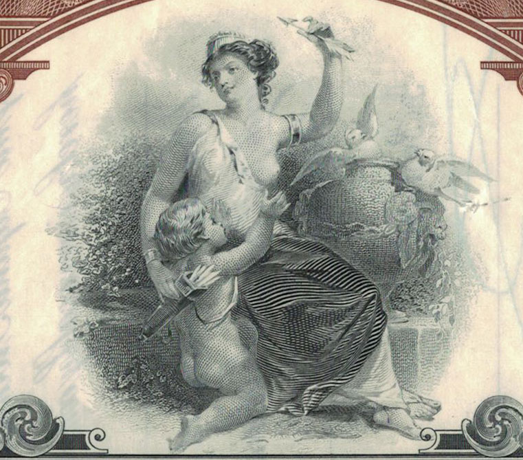 engraving of Aphrodite and Eros on Coty share certificate
