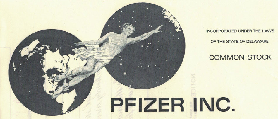 Pfizer stock certificate with Mercury depicted