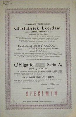 glasfabriek Leerdam, Specimen obligatie uit 1914